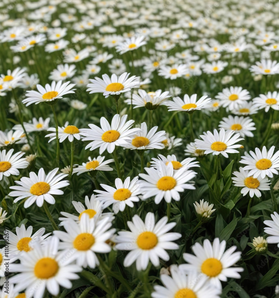 Field of white daisies with a few scattered green leaves , white flowers, blooming flowers, closeup Field of white daisies with a few scattered green leaves , white flowers, blooming flowers, closeup