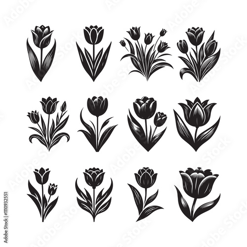 Black Color Tulip Silhouette Vector Illustration, Solid White Background.