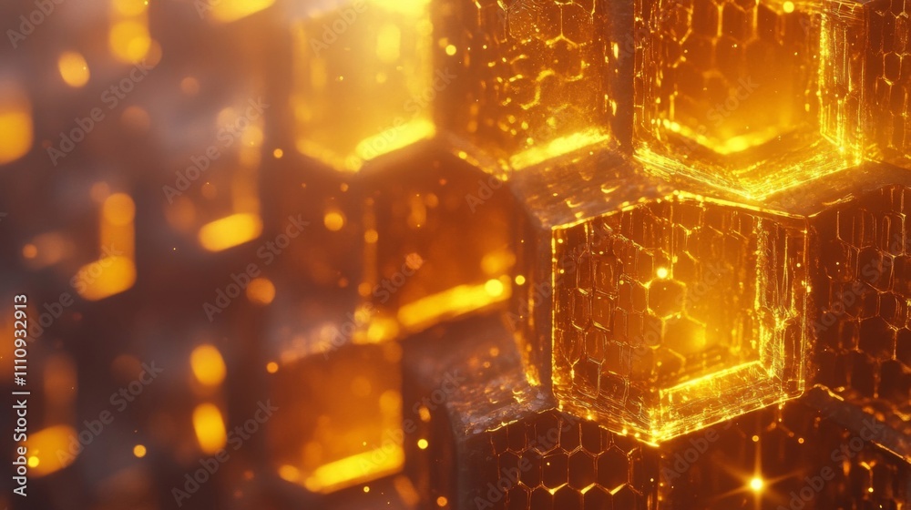 Close-up of a glowing golden honeycomb structure with a depth-of-field effect. Close-up of a glowing golden honeycomb structure with a depth-of-field effect.