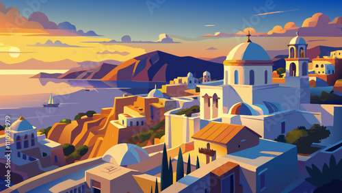 Great evening view of Santorini island. Picturesque spring sunset on the famous Greek resort Fira, Greece, Europe. Traveling concept background. Artistic style post processed 