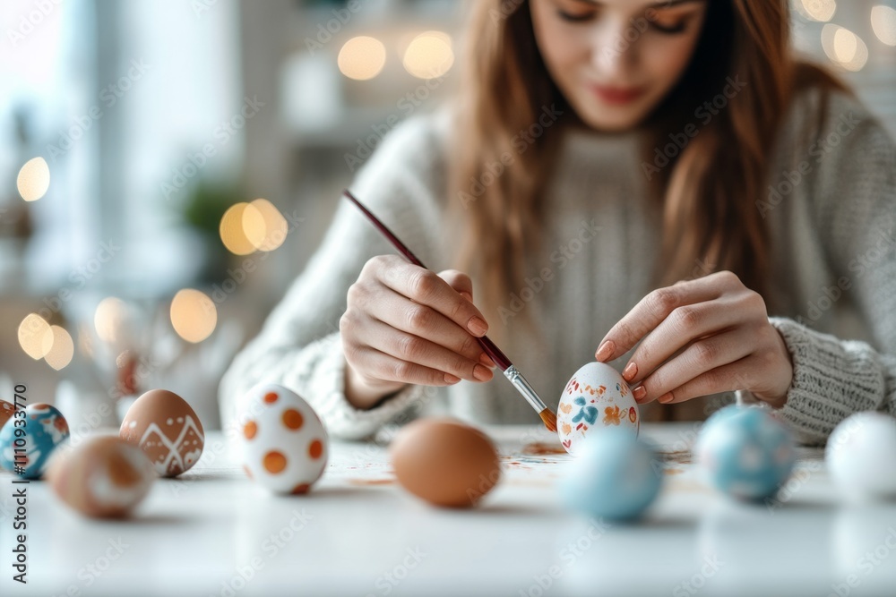 A woman focuses intently as she paints various eggs with intricate designs, showcasing the artistic tradition and joy of creativity in a bright setting.