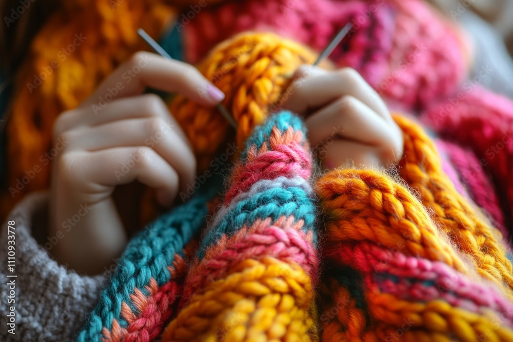 Close-up of hands knitting colorful wool yarn, creating a cozy and handmade piece Close-up of hands knitting colorful wool yarn, creating a cozy and handmade piece