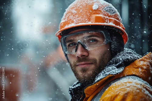 Portrait of a construction worker wearing safety glasses and hardhat, braving snowy weather on a job site photo