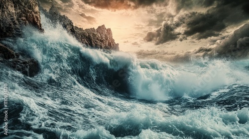 Dramatic Seascape with Crashing Waves Against Rugged Cliffs, Capturing Nature's Raw Power and Majestic Beauty in a Stunning Coastal Landscape