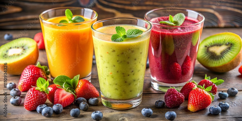 Vibrant Fruit Smoothies Trio on Wooden Surface - Fresh and Colorful Superfood Beverage Concept in Closeup Macro View for Healthy Eating Ads and Lifestyle Content Vibrant Fruit Smoothies Trio on Wooden Surface - Fresh and Colorful Superfood Beverage Concept in Closeup Macro View for Healthy Eating Ads and Lifestyle Content