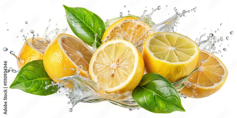 Vibrant Citrus Splash Close-Up of Refreshing Lemon Halves in Motion against White Background - Fresh, Energetic Food Photography for Summer Juice and Beverage Advertising