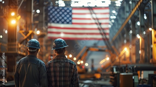 Two Industrial Workers Contemplating an American Flag in a Factory