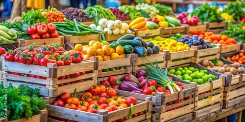 Wallpaper Mural Vibrant Fresh Produce Harvest in Wooden Crates at Outdoor Market - Colorful Abundance of Fruits and Vegetables in Rustic Display, Sunny Market Scene, Food Photography Concept Torontodigital.ca