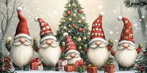 Gnomes celebrate together in festive attire near a decorated Christmas tree surrounded by gifts