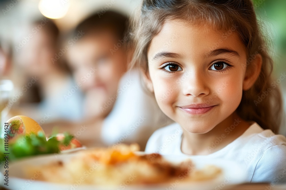 A cheerful young girl with a radiant smile, sitting at a family gathering table, captivating the joy and fullness of shared moments and delightful meals. A cheerful young girl with a radiant smile, sitting at a family gathering table, captivating the joy and fullness of shared moments and delightful meals.