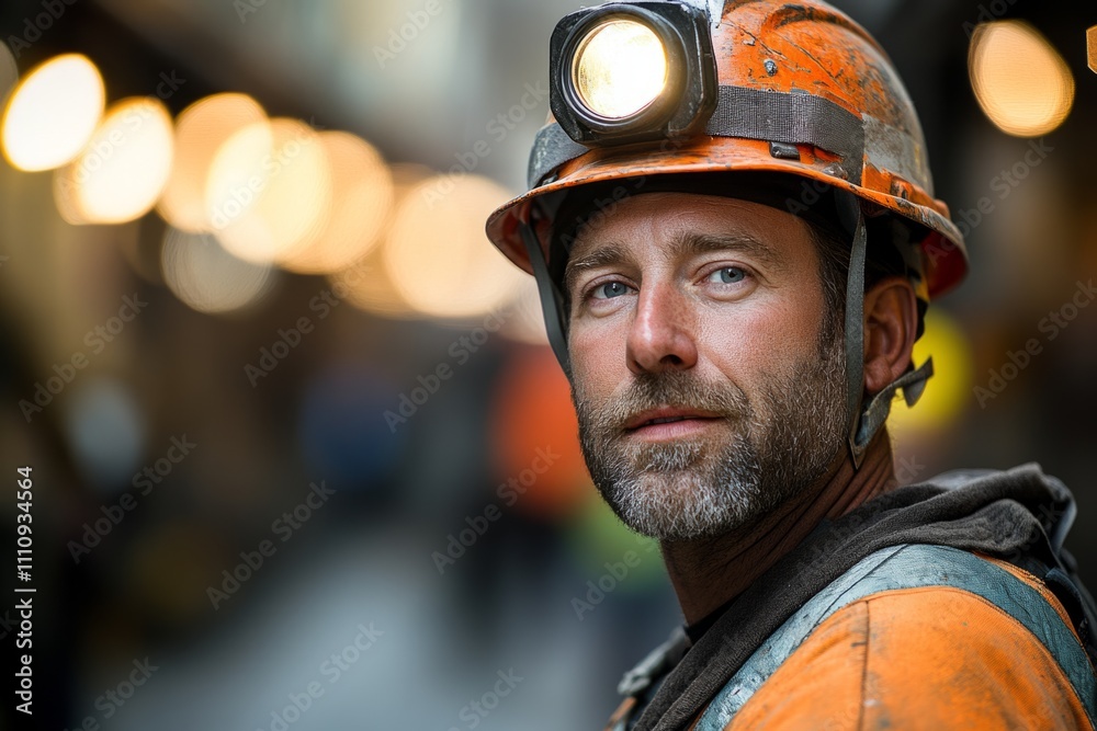 Construction worker wearing headlamp and protective hardhat inspecting building site at night Construction worker wearing headlamp and protective hardhat inspecting building site at night