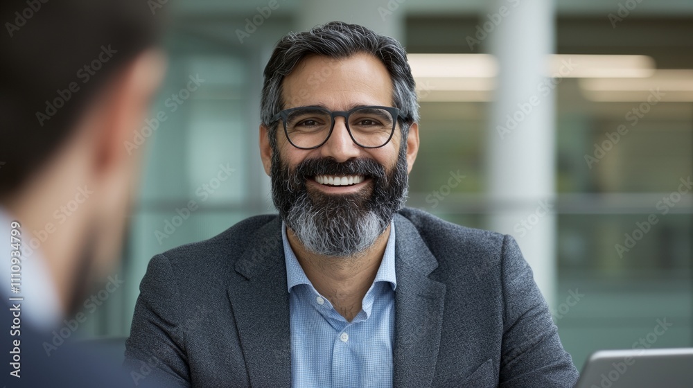 Smiling man in office setting.
Smiling man in office setting.
