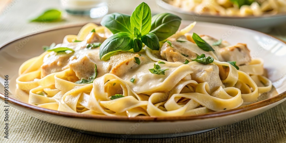 Succulent Fettuccine Alfredo with Chicken Creamy Indulgence on Olive Green Surface - Gourmet Italian Cuisine Staple with Fresh Basil Leaves - Culinary Delight for Food Blog, Menu, Succulent Fettuccine Alfredo with Chicken Creamy Indulgence on Olive Green Surface - Gourmet Italian Cuisine Staple with Fresh Basil Leaves - Culinary Delight for Food Blog, Menu,