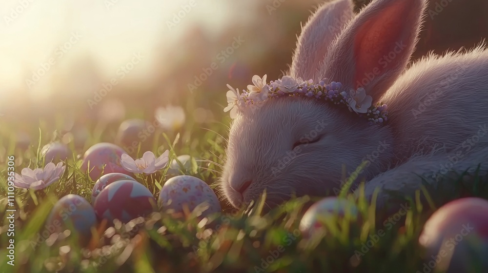 Obraz premium Bunny with flower crown, Easter eggs in grass