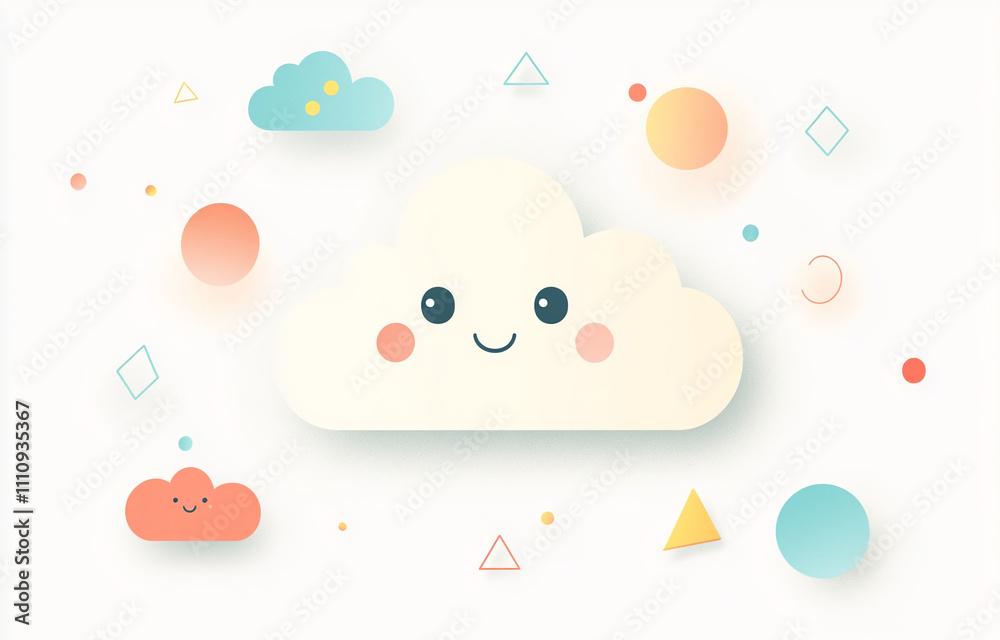 Cute cartoon clouds with smiling faces and colorful geometric shapes in a playful design Cute cartoon clouds with smiling faces and colorful geometric shapes in a playful design