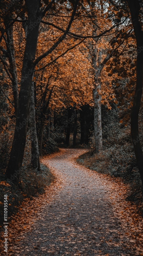 Obraz premium Dreamy Autumn Trail, vibrant orange and yellow foliage, serene walking path, inviting seasonal atmosphere, ideal for autumn-themed marketing and promotions