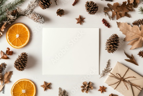 An assortment of pinecones, dried oranges, and rustic elements surrounds a blank card, creating a warm and inviting setting perfect for holiday greetings.