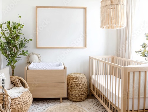 Light-filled nursery with a blank wooden frame above a compact crib, natural wood furniture, and soft textured rugs for warm minimalism