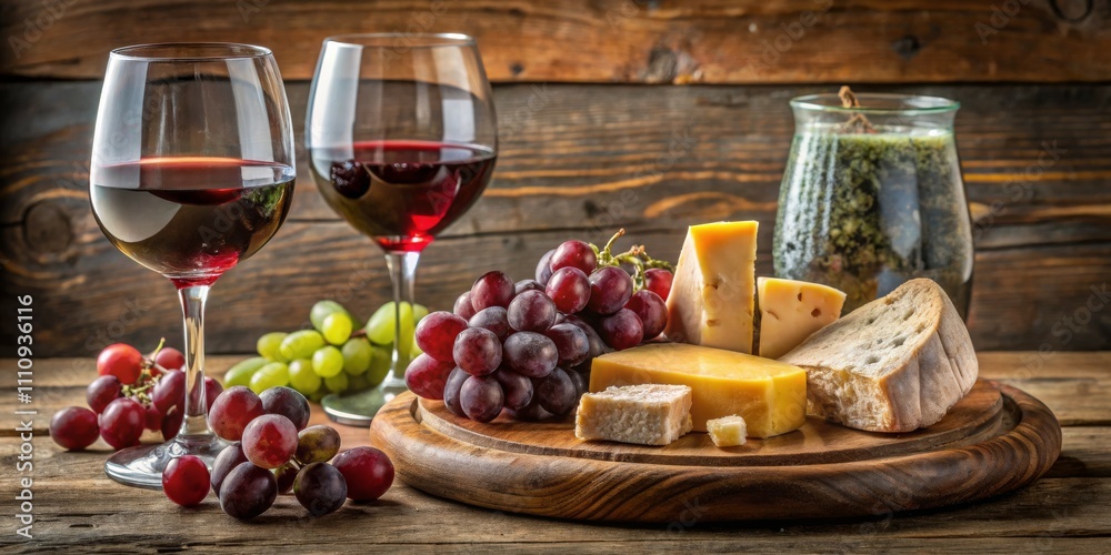 Rustic Wine and Cheese Delight Elegant Still Life with Gourmet Cheeses, Grapes, and Red Wine on Wooden Board in Warm, Inviting Setting Rustic Wine and Cheese Delight Elegant Still Life with Gourmet Cheeses, Grapes, and Red Wine on Wooden Board in Warm, Inviting Setting