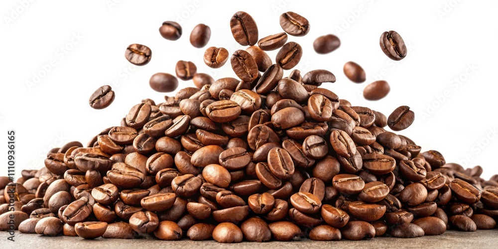 Obraz premium Roasted Coffee Beans Delight Closeup Capture of Suspended Beans in Motion on White Background - Rich, Aromatic, Captivating Shot for Coffee Lovers