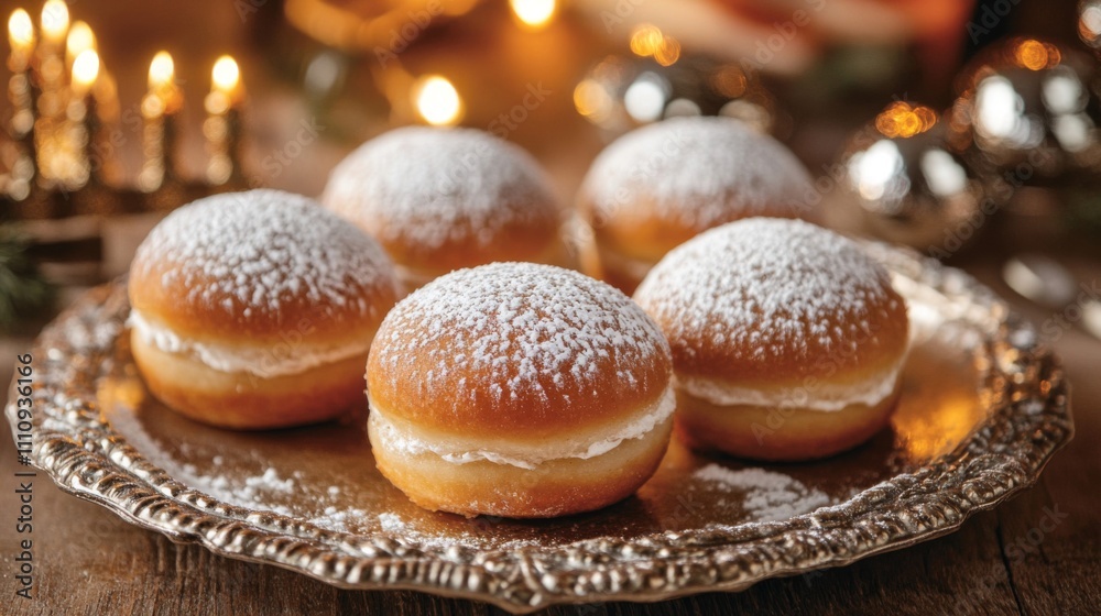 Four Glazed Doughnuts with White Filling on a Silver Plate