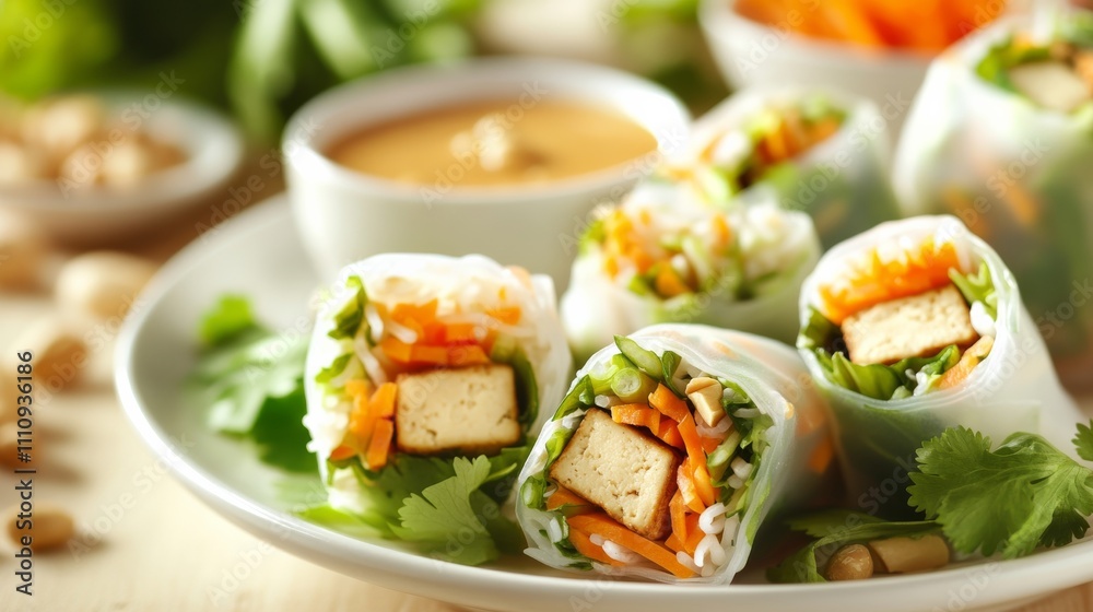 Photo of, A colorful plate of vegetable spring rolls with crispy tofu, shredded carrots Photo of, A colorful plate of vegetable spring rolls with crispy tofu, shredded carrots
