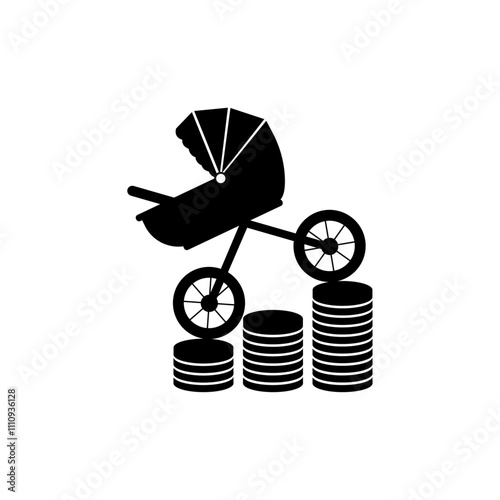 Rising costs of raising child. Vector illustration of baby stroller on coins. Increasing cost of living icon.