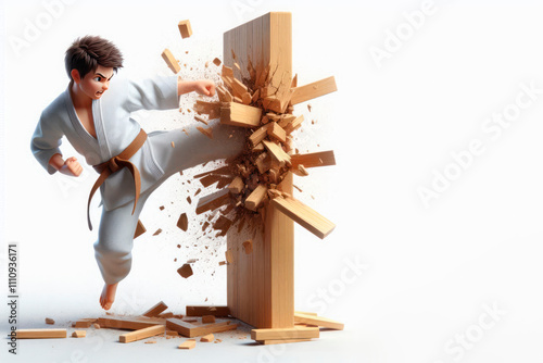 A karateka breaks a wooden board. Space for text.