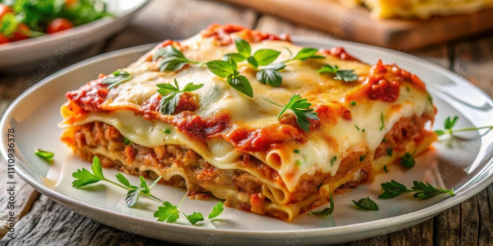 Mouthwatering Close-Up of Gourmet Lasagna on Rustic Plate, Warm Tones for Festive Dining, Luxurious Comfort Food Concept Mouthwatering Close-Up of Gourmet Lasagna on Rustic Plate, Warm Tones for Festive Dining, Luxurious Comfort Food Concept