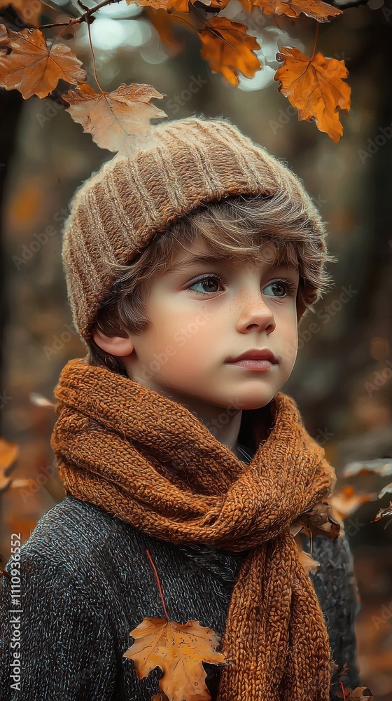 Charming young boy in autumn attire gazing thoughtfully amidst golden leaves in a serene forest setting Charming young boy in autumn attire gazing thoughtfully amidst golden leaves in a serene forest setting