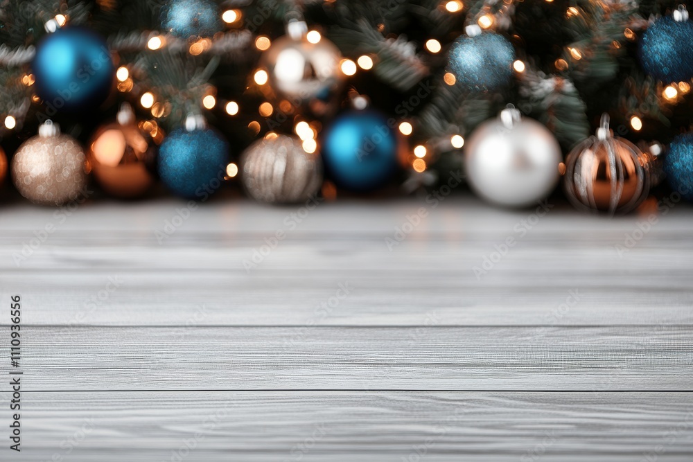 Fototapeta premium A background of blurred blue and silver ornaments hanging on a Christmas tree with warm twinkling lights, evoking a sense of festive wonder and peace.