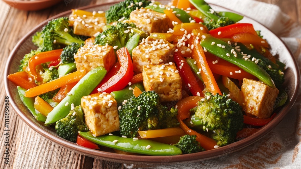Photo of, A colorful plate of vegetable stir-fry with tofu, bell peppers Photo of, A colorful plate of vegetable stir-fry with tofu, bell peppers