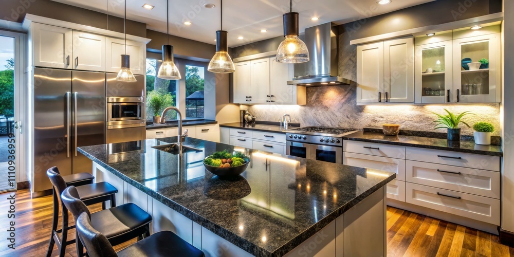 Gourmet Elegance - A Luxurious Granite Island Kitchen with Modern Design and Sophisticated Lighting Interior Design Concept for Home and Culinary Publications Gourmet Elegance - A Luxurious Granite Island Kitchen with Modern Design and Sophisticated Lighting Interior Design Concept for Home and Culinary Publications