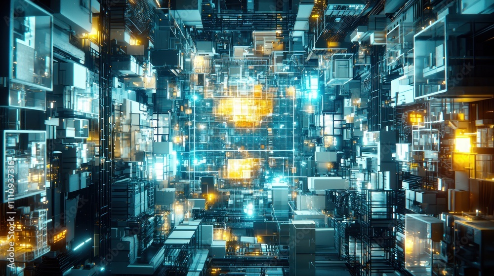 Obraz premium Cyberpunk Cityscape: A Digital Metropolis of Light and Shadow