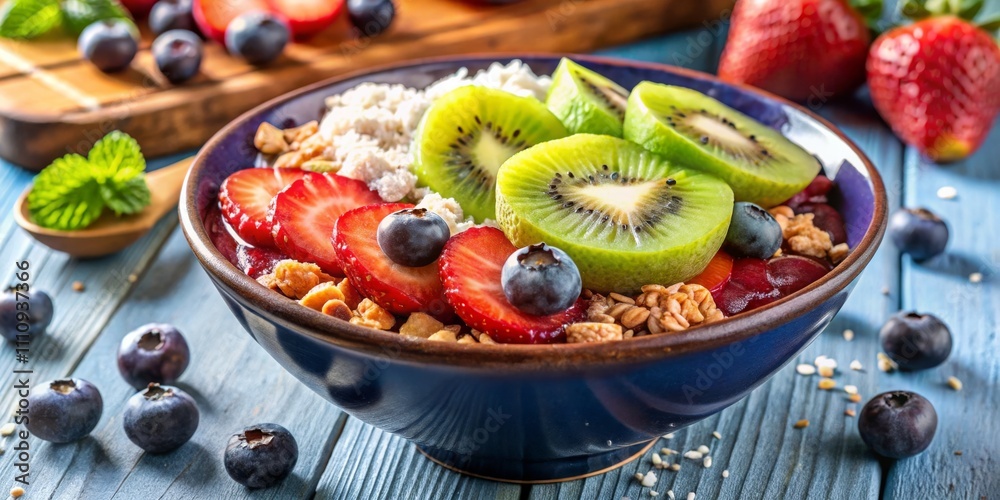 Fresh Berry Smoothie Bowl - Vibrant Blue Ceramic Bowl with Strawberries, Kiwi, Blueberries, Granola on Wooden Surface. Healthy Breakfast Concept Fresh Berry Smoothie Bowl - Vibrant Blue Ceramic Bowl with Strawberries, Kiwi, Blueberries, Granola on Wooden Surface. Healthy Breakfast Concept