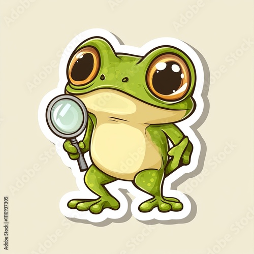 Laughable cartoon frog with magnifying glass illustration photo