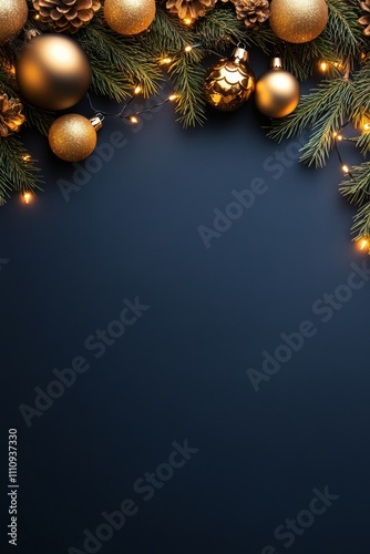 This festive scene features gold ornaments and pine branches with a string of lights set against a deep blue background, creating a warm and inviting atmosphere.