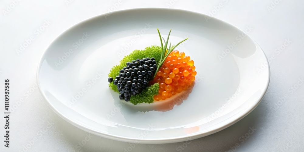 Exquisite Caviar Delight on White Plate in Elegant Setting Chef's Gourmet Presentation of Black and Orange Caviar on Seaweed Bed Fine Dining Concept