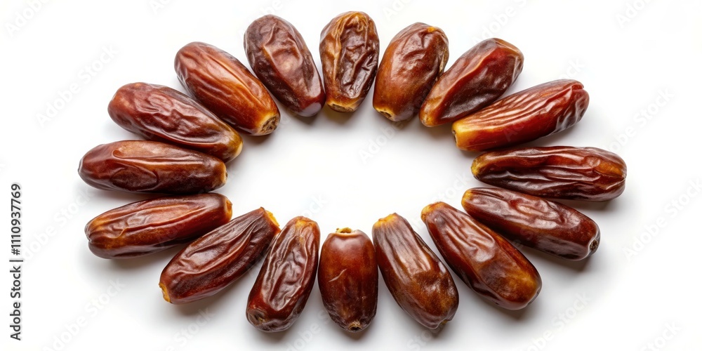 Obraz premium Dried Dates Circle Organic Richness Symmetry on White. Healthy Snack, Ramadan, Culinary Blog. Luxurious, Natural, Clean Eating Concept