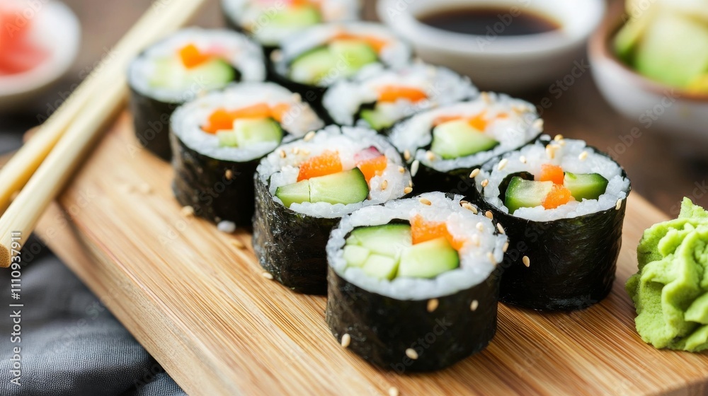Photo of, A colorful plate of vegetable sushi rolls filled with cucumber, avocado Photo of, A colorful plate of vegetable sushi rolls filled with cucumber, avocado