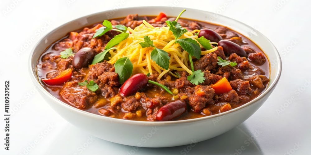 Delicious Chili Bowl with Cheese and Herbs on Minimalist Surface, Warm and Satisfying Comfort Food Concept for Food Blogs and Menus