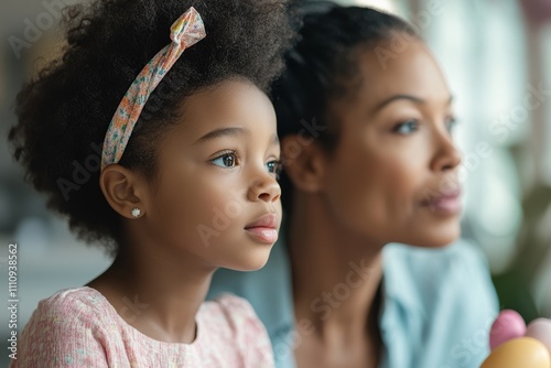 Woman and her young daughter look thoughtfully out of a window, filled with soft natural light. They share a moment of reflection and warmth together indoors. photo