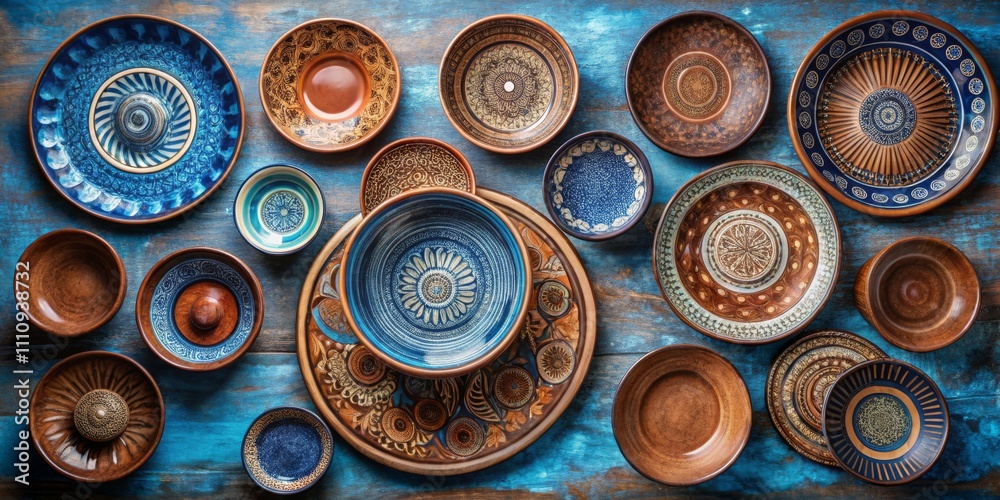 Artisanal Ceramics Collection - Handcrafted Wooden and Ceramic Bowls on Blue Surface, Floral Bowl Centerpiece, Rustic Elegance and Traditional Craftsmanship, Pottery Studio