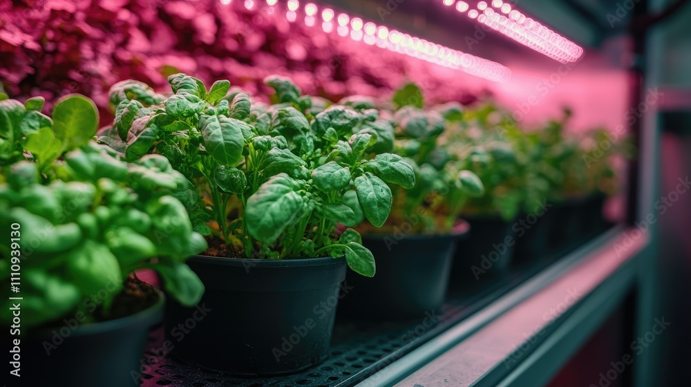 Fototapeta premium Indoor garden with potted spinach under pink grow lights for optimal growth.
