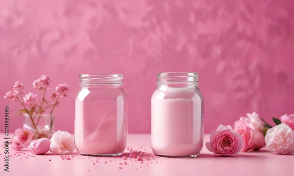 Glass jar filled with collagen powder on a bright pink background with a few decorative objects around it, pink background, nutrition, health supplements