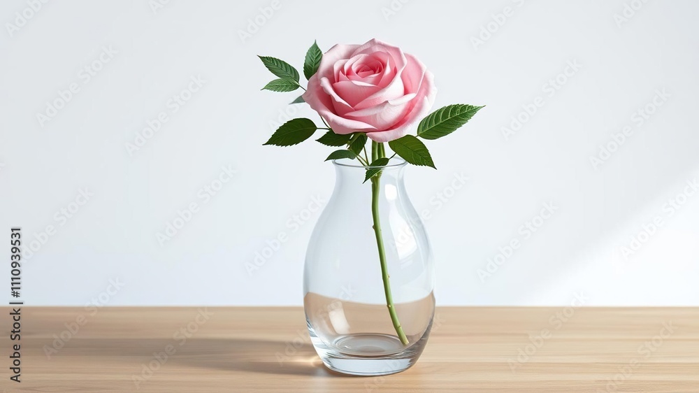 Fototapeta premium Glass vase with a delicate pink rose and greenery , floral arrangement, romantic decor, home decor ideas
