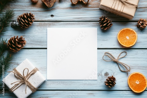 Rustic wooden table adorned with wrapped gifts, pinecones, and orange slices. The arrangement surrounds a blank card ideal for holiday messages. photo