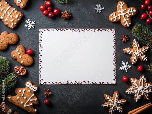 A delightful holiday card adorned with festive gingerbread cookies and winter-themed decorations, set on a dark background, emanating joy and celebration. photo