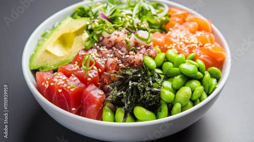 Photo of, A colorful poké bowl filled with marinated tuna, salmon