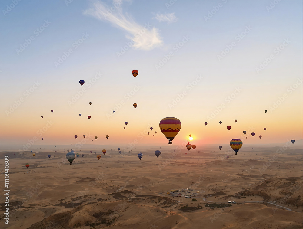 Obraz premium A wide-angle aerial view of colorful hot air balloons floating over a vast desert at sunrise